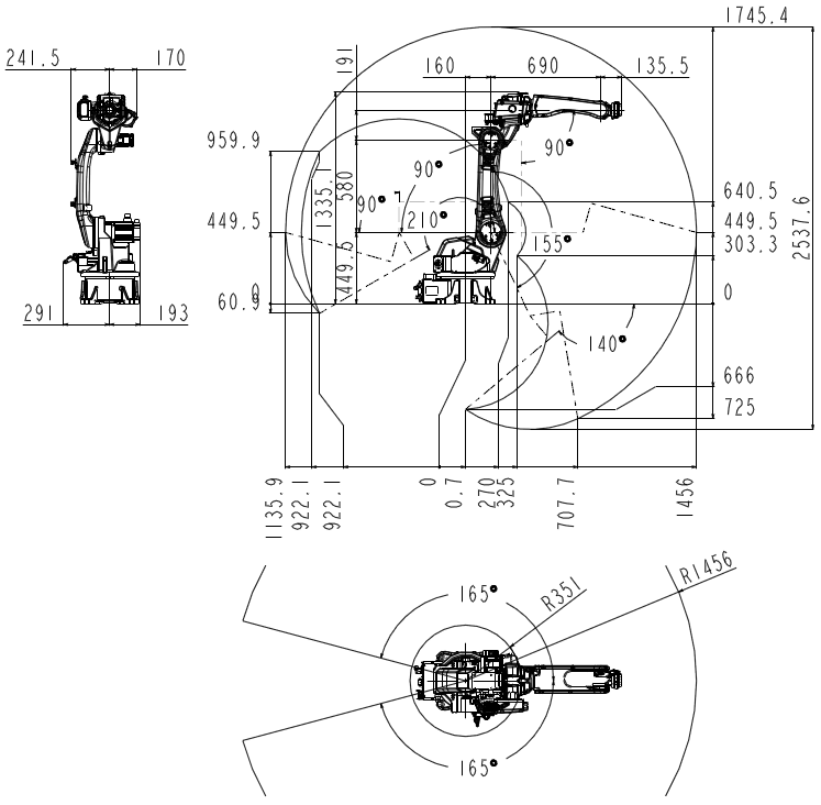QJR6-1400H Endüstriyel Robot Kol Genel Boyut ve Hareket Aralığı Çizimi